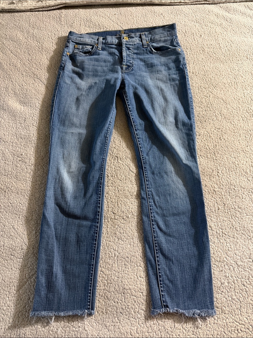 7 For All Mankind Mid Blue Skinny Boyfriend Jeans with Raw Hem 27
